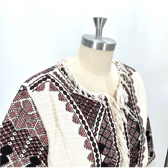 Boston Proper Beaded Fringe Open Front Aztec Blazer Jacket Size 16 Earthy Boho - Picture 4 of 14